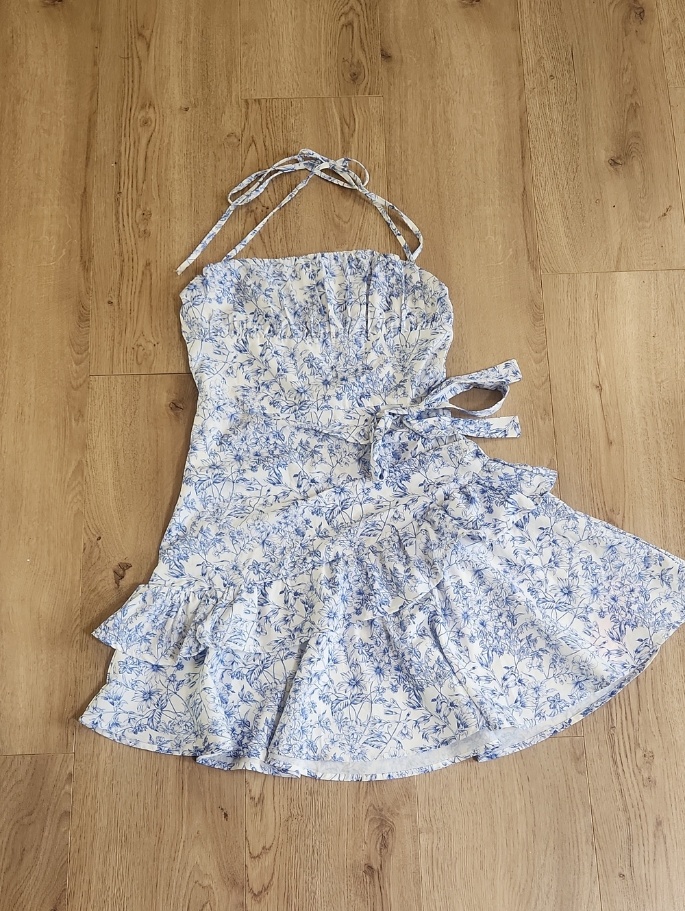 Blue & White Floral Halter Ruffle Dress